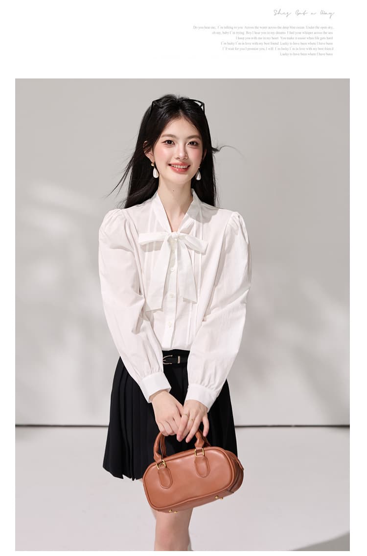 있음 선적 2026 가을 디자인 센스 나비 매듭 화이트 맨위 프랑스식 레트로 리본 레이스 업 셔츠 긴팔 여성 상세 이미지 13