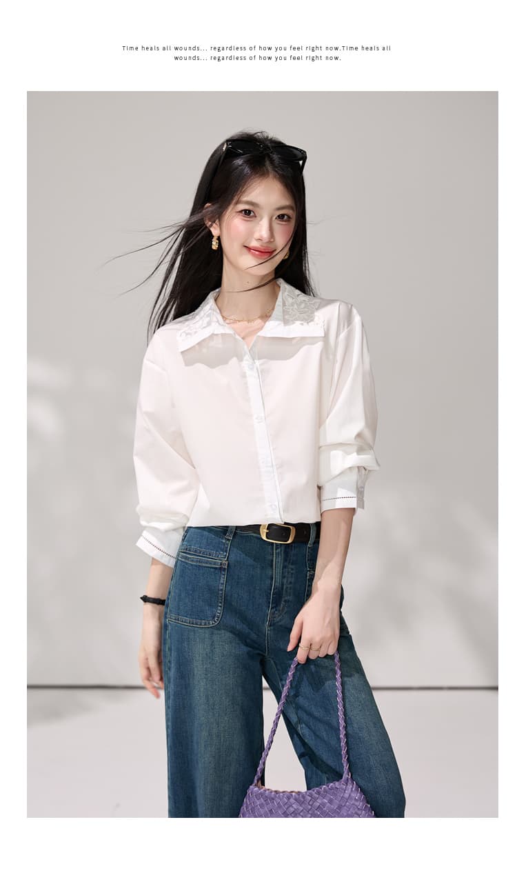 있음 선적 프랑스식 사소한 맨위 가을 빛 럭셔리 고급 센스 세련된 외국 가스 아름다운 레이스 폴로 칼라 화이트 셔츠 상세 이미지 10