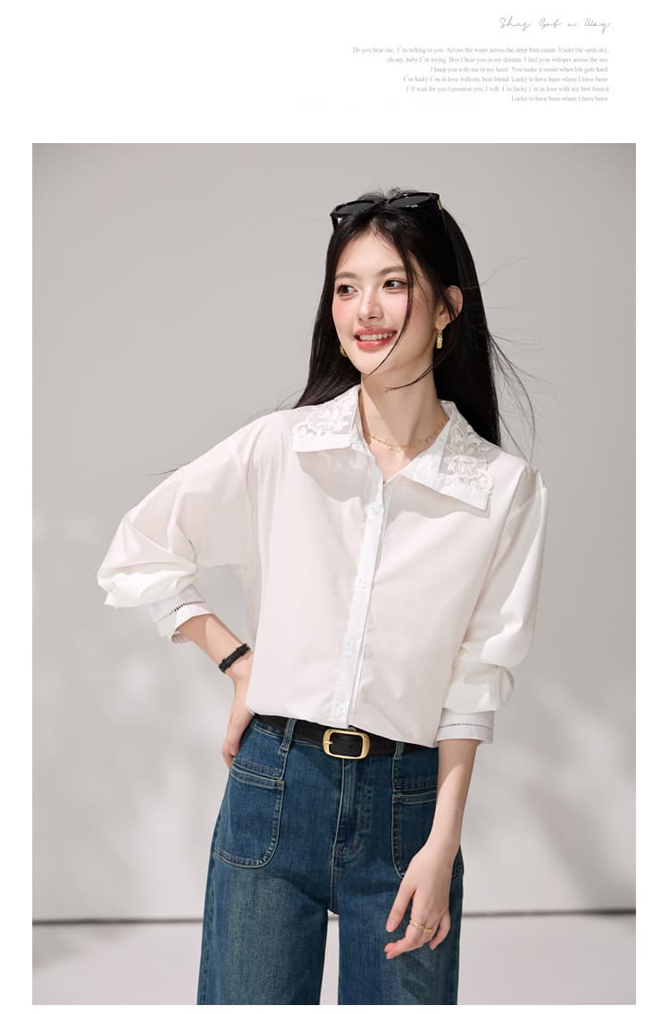 있음 선적 프랑스식 사소한 맨위 가을 빛 럭셔리 고급 센스 세련된 외국 가스 아름다운 레이스 폴로 칼라 화이트 셔츠 상세 이미지 13