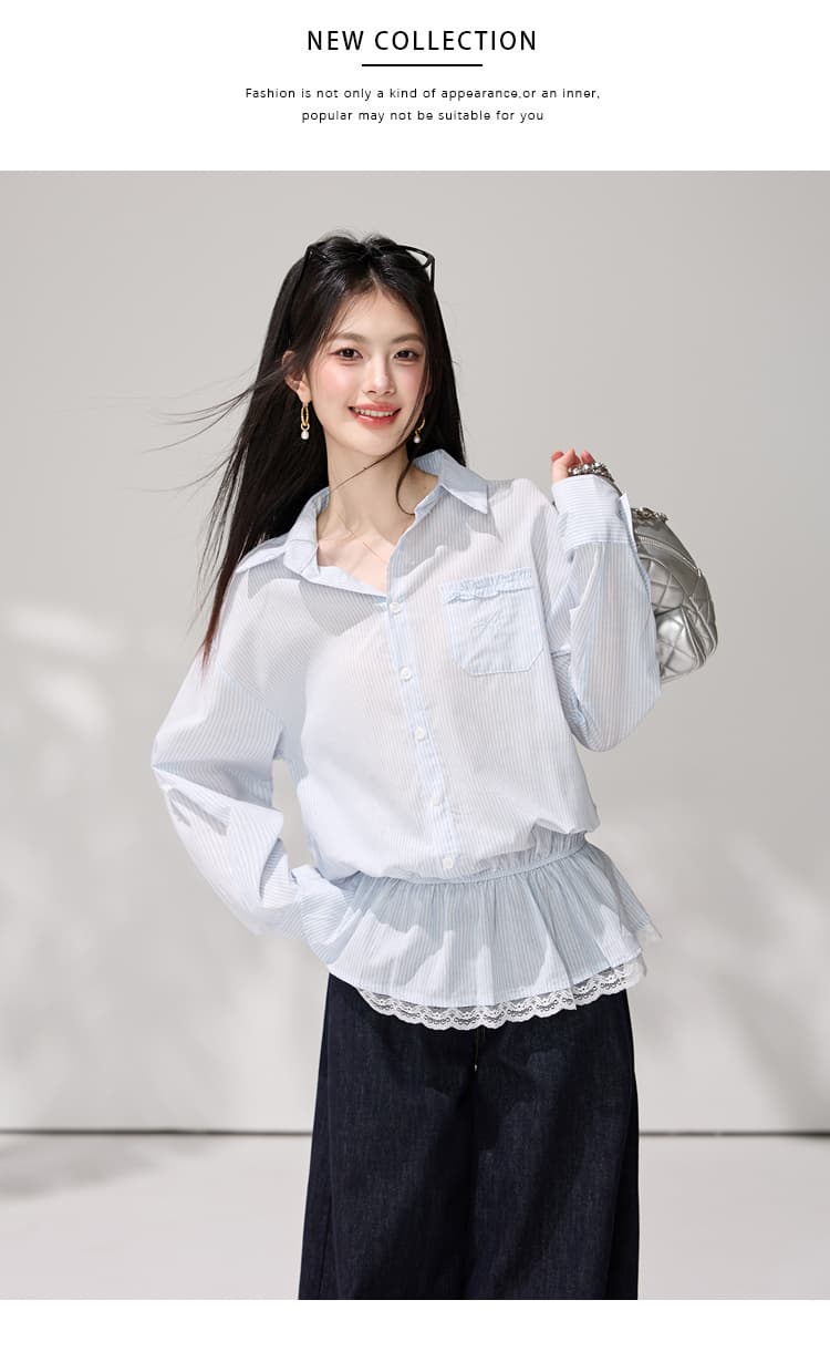 있음 선적 프랑스식 레이스 레이스 폴로 칼라 긴팔 셔츠 2026 가을 새로운 셔츠 루즈핏 허리 수축 치마 맨위 상세 이미지 14