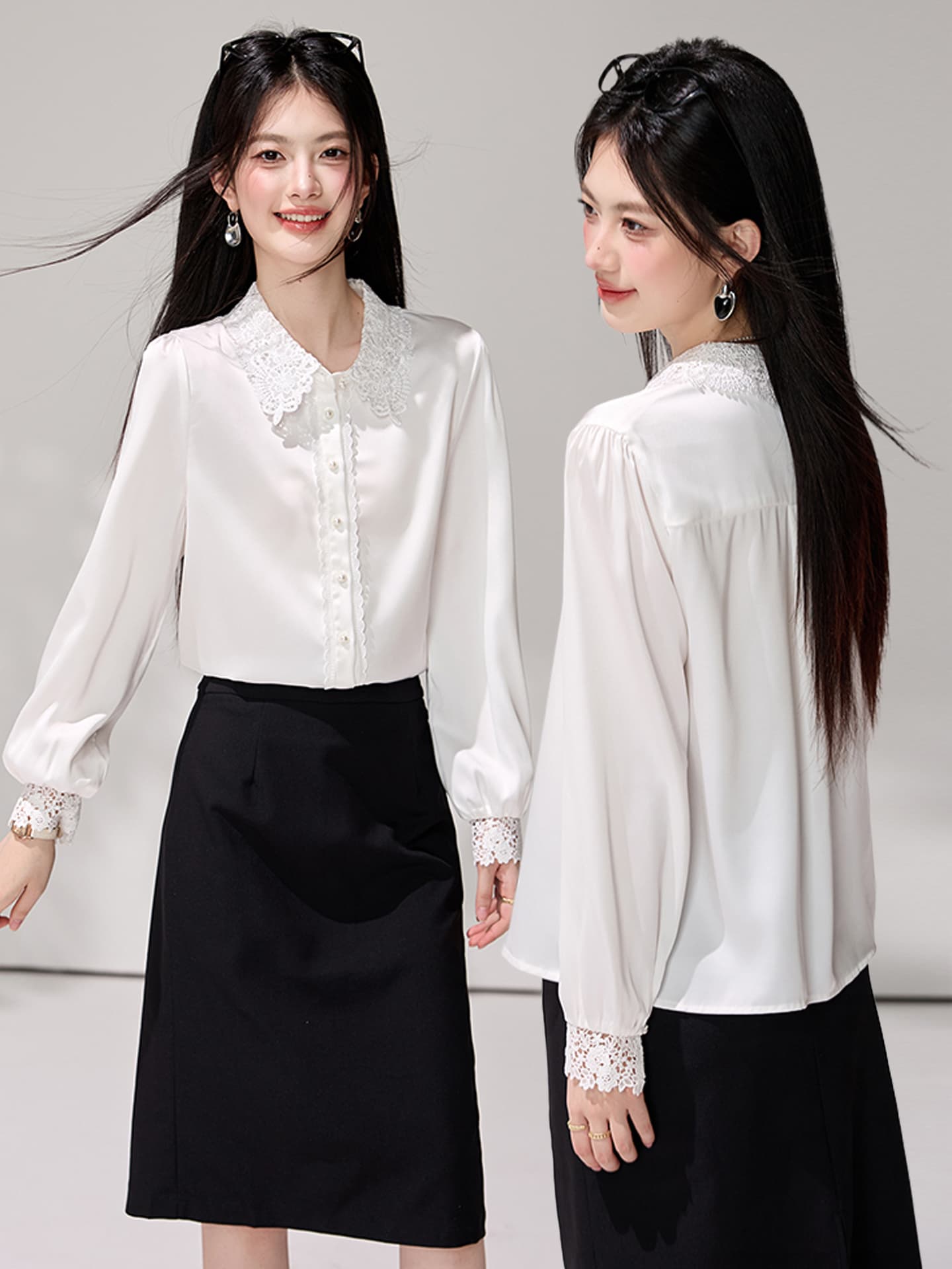 있음 선적 화이트 폴로 칼라 레이스 홀로우 아웃 패치워크 새틴 셔츠 여성 긴 소매 품격 경력 출퇴근 면접 셔츠 이미지 4