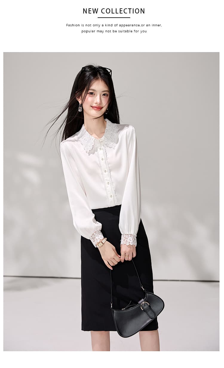 있음 선적 화이트 폴로 칼라 레이스 홀로우 아웃 패치워크 새틴 셔츠 여성 긴 소매 품격 경력 출퇴근 면접 셔츠 상세 이미지 14