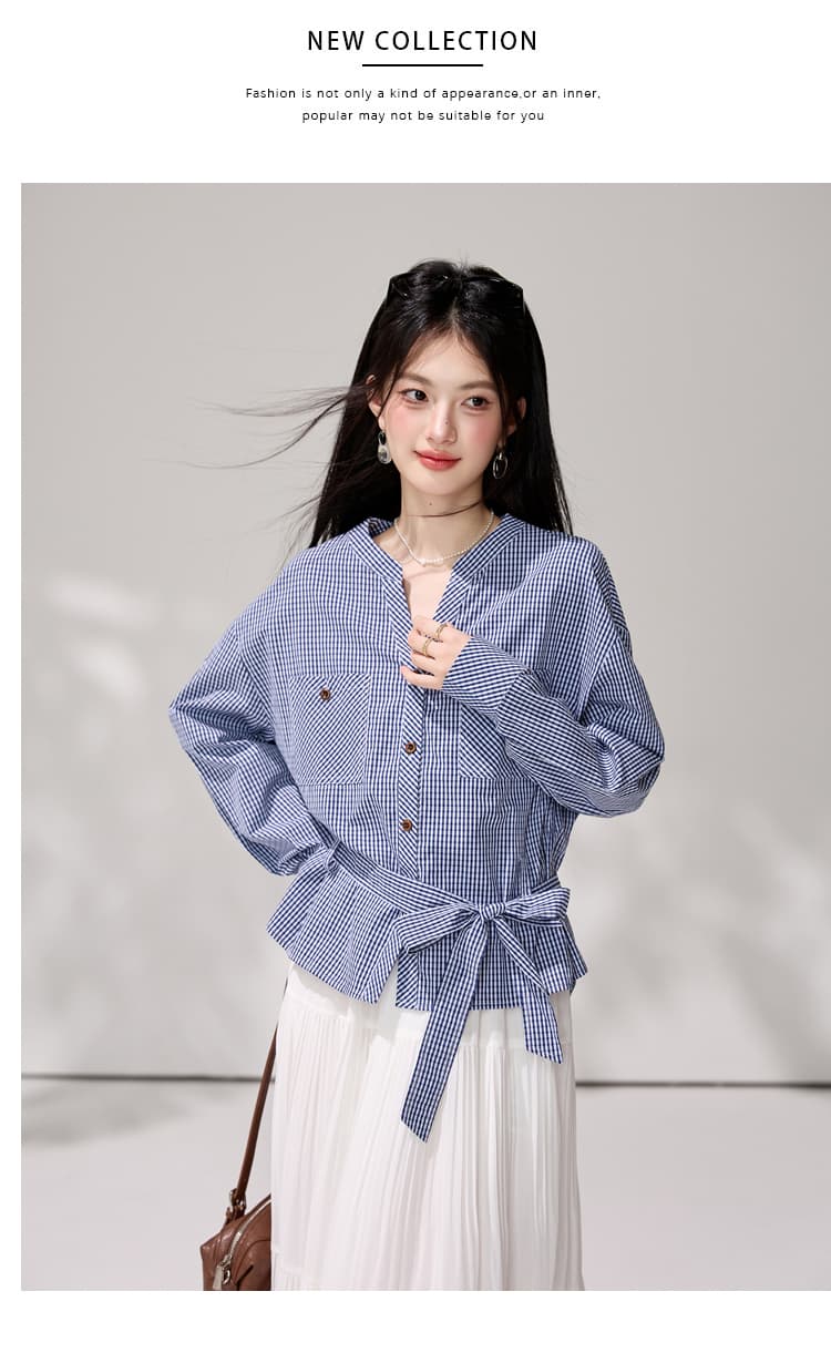 있음 선적 프랑스식 배색 체크무늬 더블 주머니 긴팔 셔츠 가을 디자인 센스 허리 수축 레이스업 V넥 슬림해 보이는 셔츠 상세 이미지 14