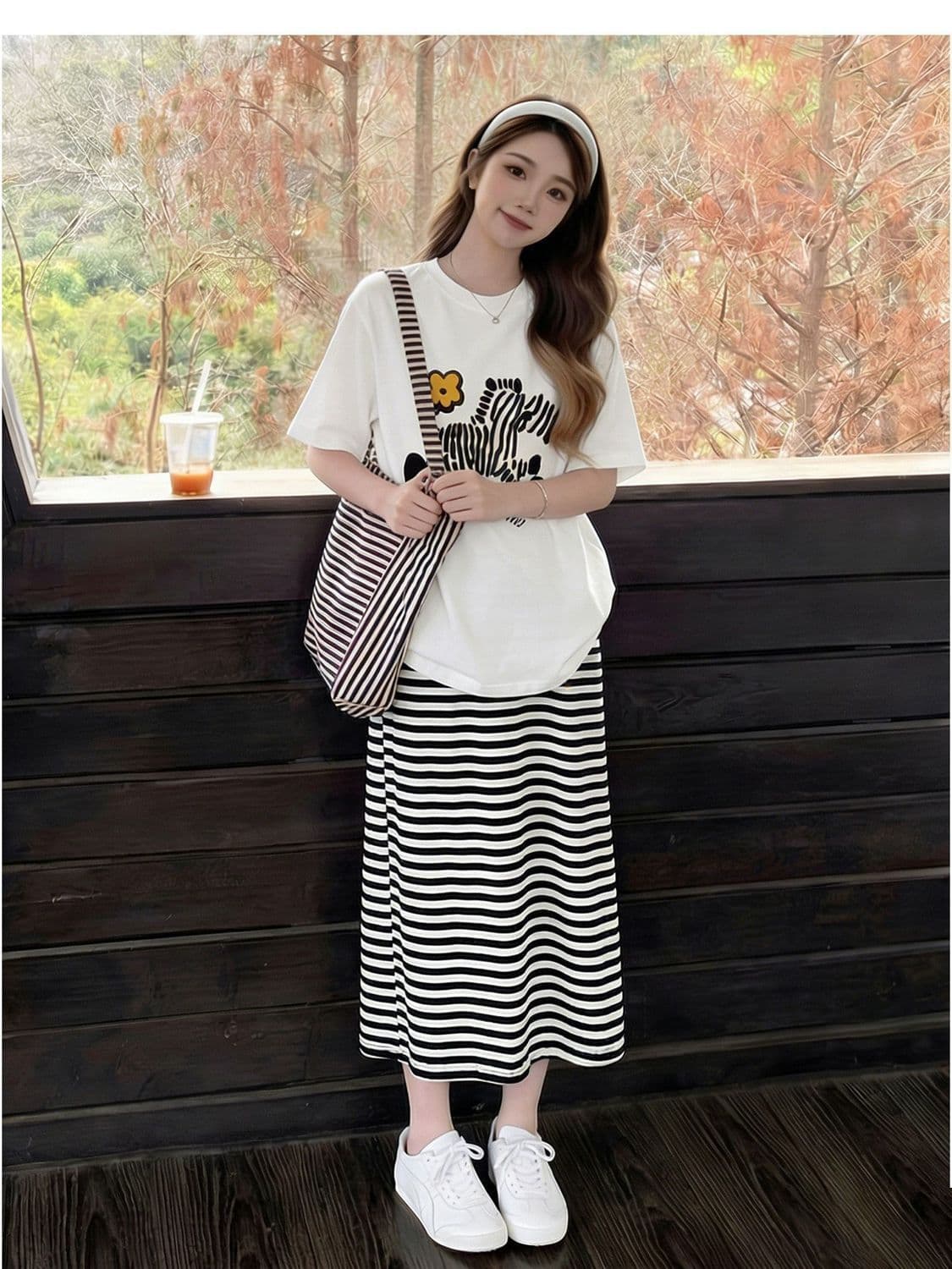 새로운 임산부 바지 여름 라운드 넥 t 반팔 맨위 스트라이프 반신 스커트 캐주얼 슬림해 보이는 임산부 세트 상세 이미지 8