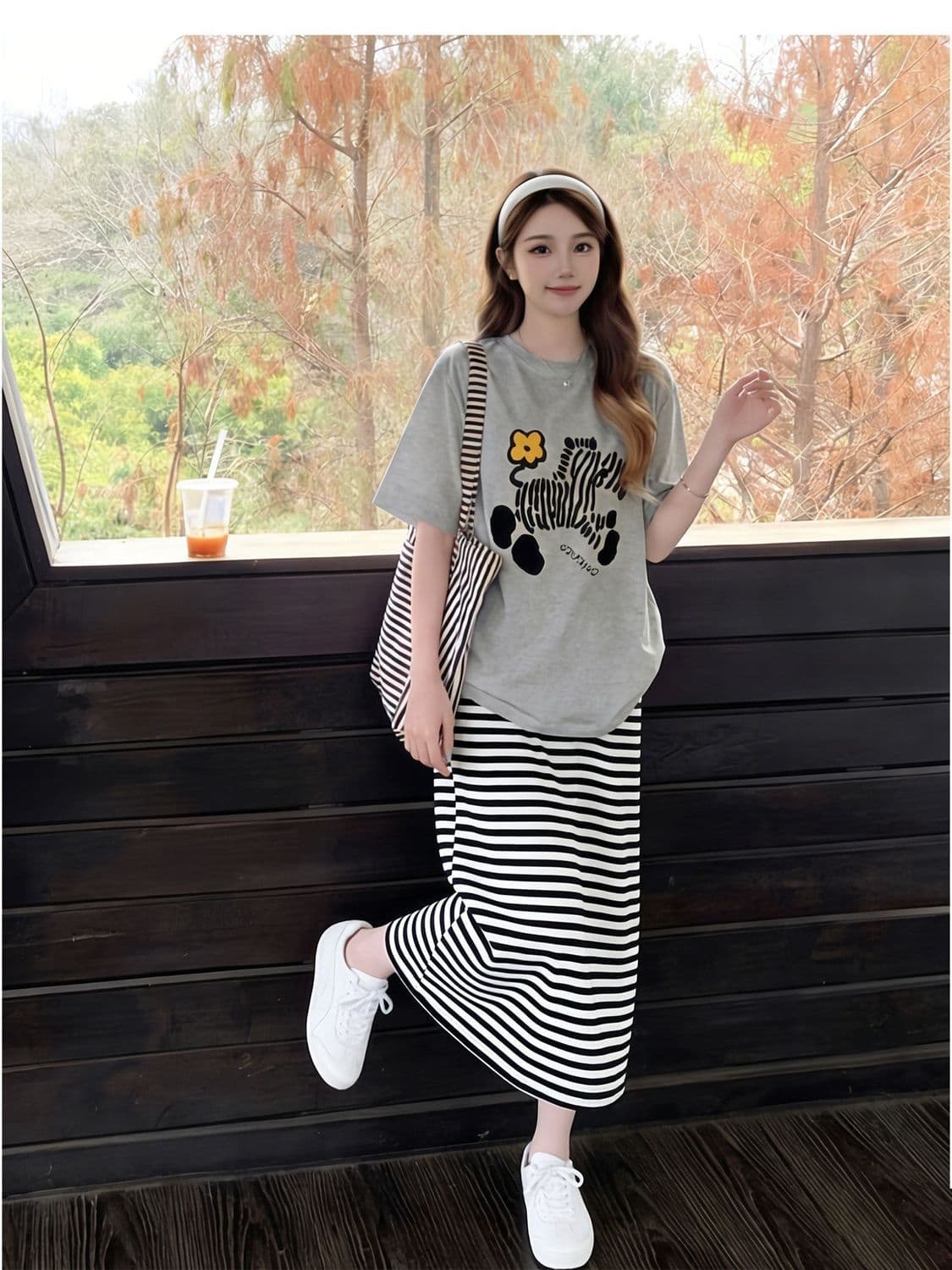 새로운 임산부 바지 여름 라운드 넥 t 반팔 맨위 스트라이프 반신 스커트 캐주얼 슬림해 보이는 임산부 세트 상세 이미지 9