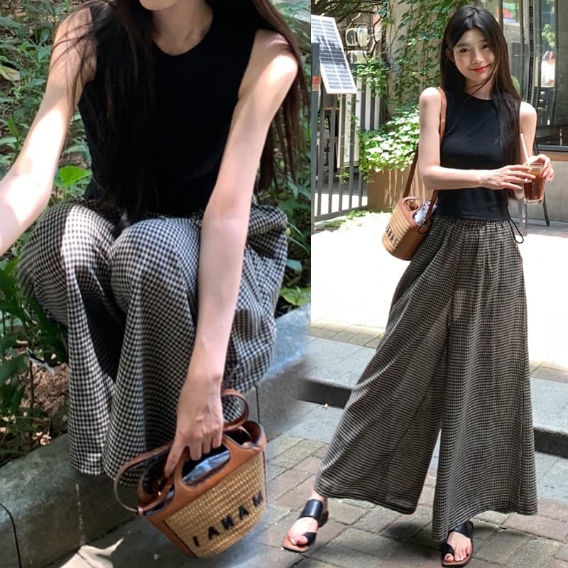 여름 새로운 임산부 바지 넓은 다리 체크무늬 임산부 외출용 9 포인트 치마바지 이미지 3