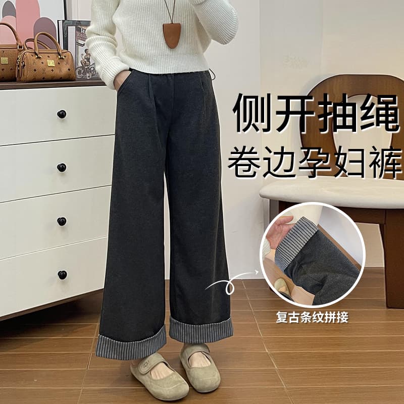 새로운 임산부 루즈핏 모직 바지 가을 겨울철 패션 캐주얼 레트로 와이드 레그 팬츠 스트레이트 팬츠 9부 바지 이미지 2