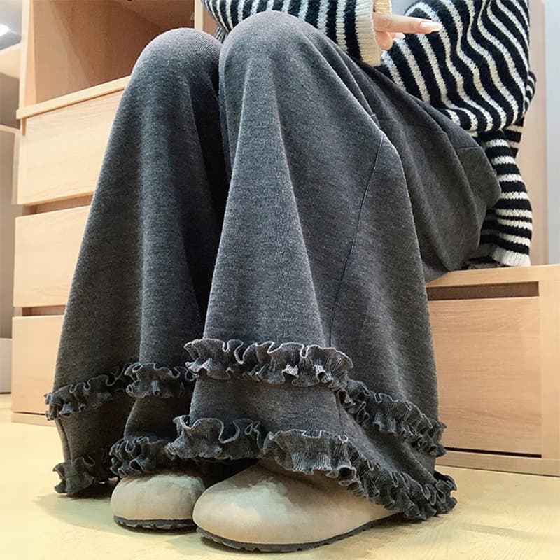 임산부 바지 가을 겨울철 느긋한 루즈핏 슬림해 보이는 와이드 레그 팬츠 프릴 캐주얼 스트레이트 긴 바지 이미지 2