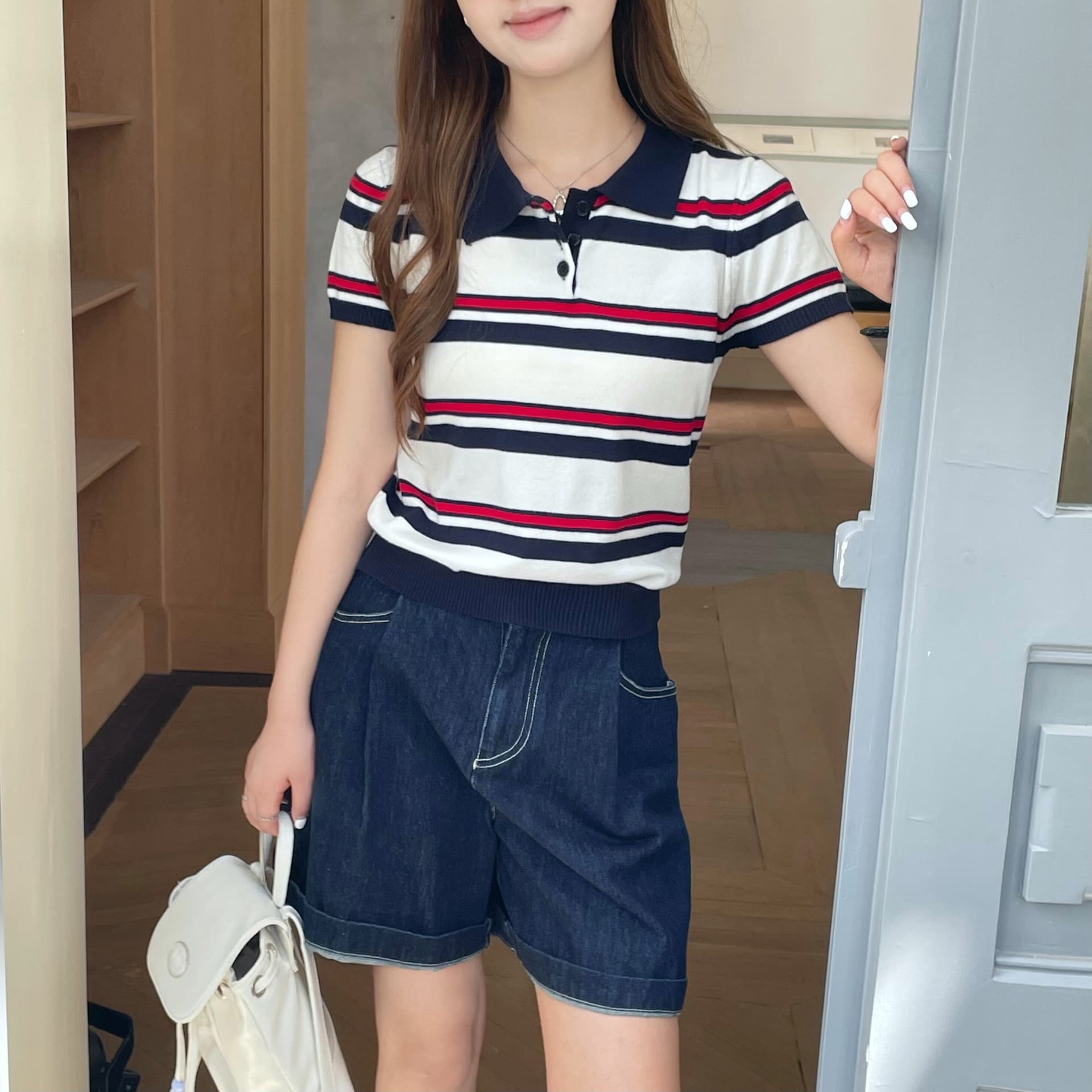 치아 세트 대 왕 miu 부서 polo 니트 스트라이프 POLO 셔츠 반팔 티셔츠 여성 긍정적 인 어깨 폴로 칼라 쇼트 스타일 맨위 상세 이미지 3
