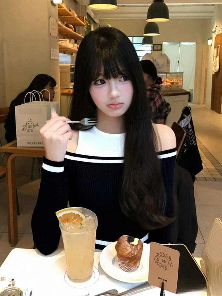 검정색 빛 럭셔리 작은 대중 프랑스식 패치워크 색상 오프숄더 긴팔 여성 가을 편안함 슬림해 보이는 다용도 명문 여성 핫걸 바람 맨위 상세 이미지 1