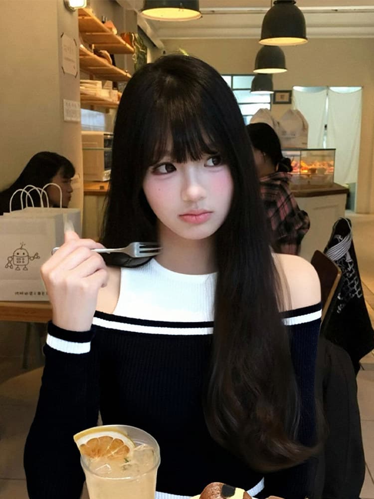 검정색 빛 럭셔리 작은 대중 프랑스식 패치워크 색상 오프숄더 긴팔 여성 가을 편안함 슬림해 보이는 다용도 명문 여성 핫걸 바람 맨위 상세 이미지 5
