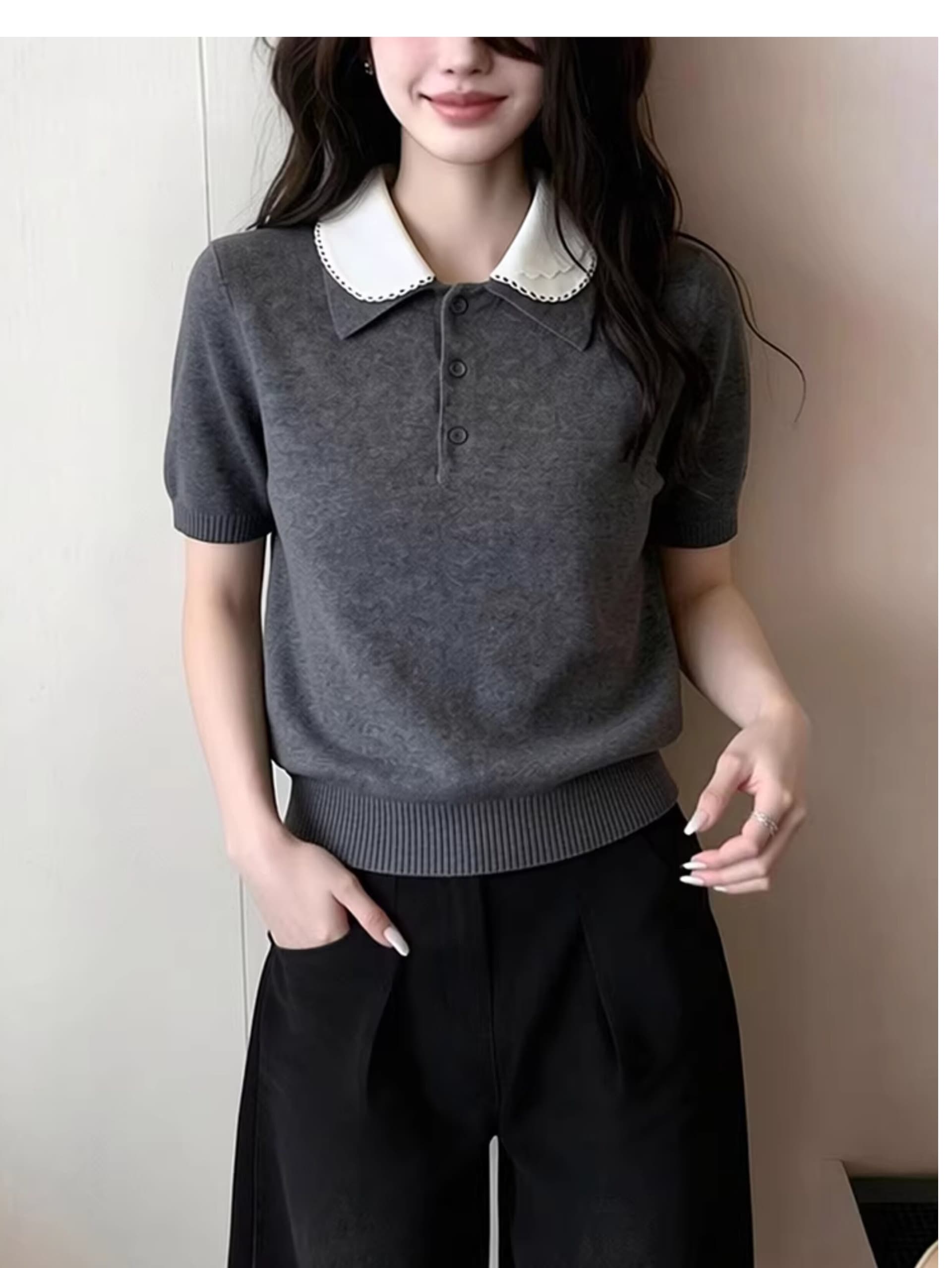 숙녀 바람 베이비 칼라 회색 반팔 니트 스웨터 여성 2026 봄 새로운 디자인 다용도 슬림해 보이는 출퇴근 맨위 상세 이미지 4