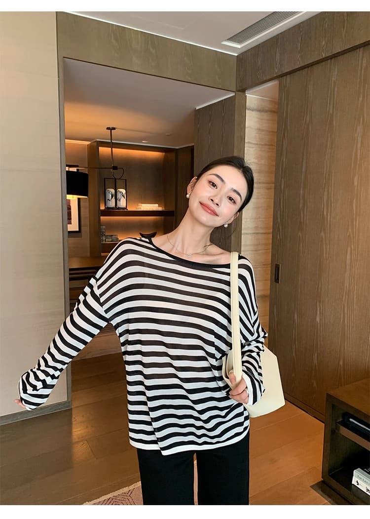 maven lin 130 지점 아세트산 콜라겐 계란 화이트 원사 스트라이프 긴팔 맨위 여성 대 라운드 넥 자외선 차단 블라우스 상세 이미지 3