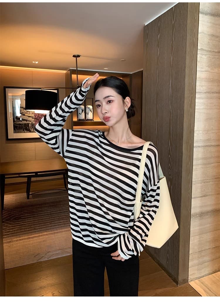 maven lin 130 지점 아세트산 콜라겐 계란 화이트 원사 스트라이프 긴팔 맨위 여성 대 라운드 넥 자외선 차단 블라우스 상세 이미지 4