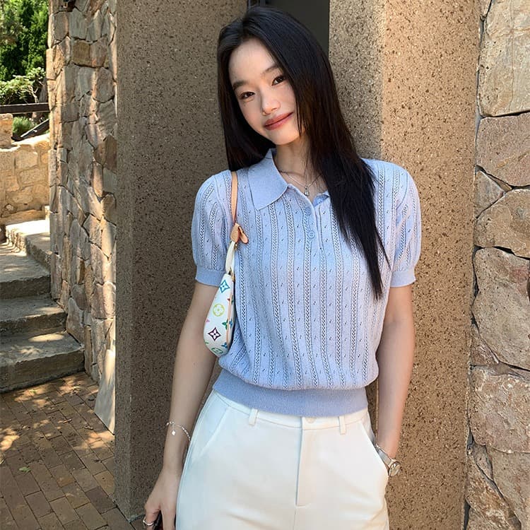 pusumede 파리 휴일 레트로 POLO 칼라 홀로우 아웃 니트 반팔 티셔츠 여성 몸매 가꾸기 다용도 긍정적 인 어깨 의류