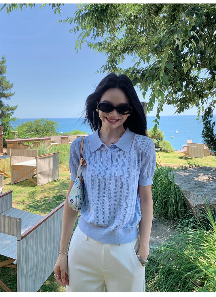 pusumede 파리 휴일 레트로 POLO 칼라 홀로우 아웃 니트 반팔 티셔츠 여성 몸매 가꾸기 다용도 긍정적 인 어깨 의류 상세 이미지 3