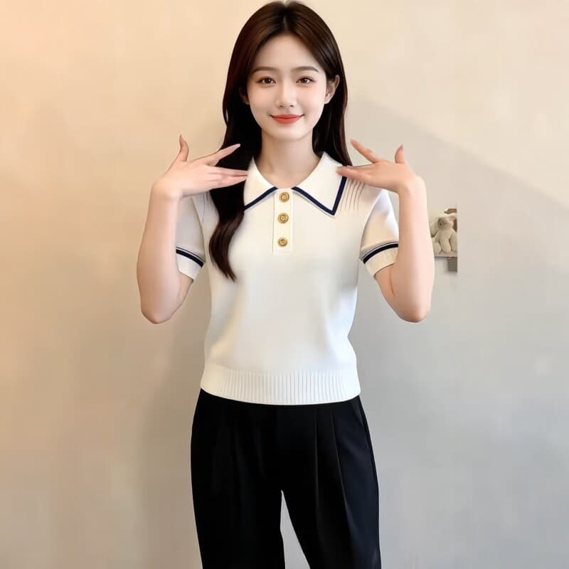 프랑스식 화이트 POLO 칼라 니트 반팔 티셔츠 여성 2026 여름 패치워크 색상 얼음 실크 슬림해 보이는 품격 아름다운 맨위 상세 이미지 2