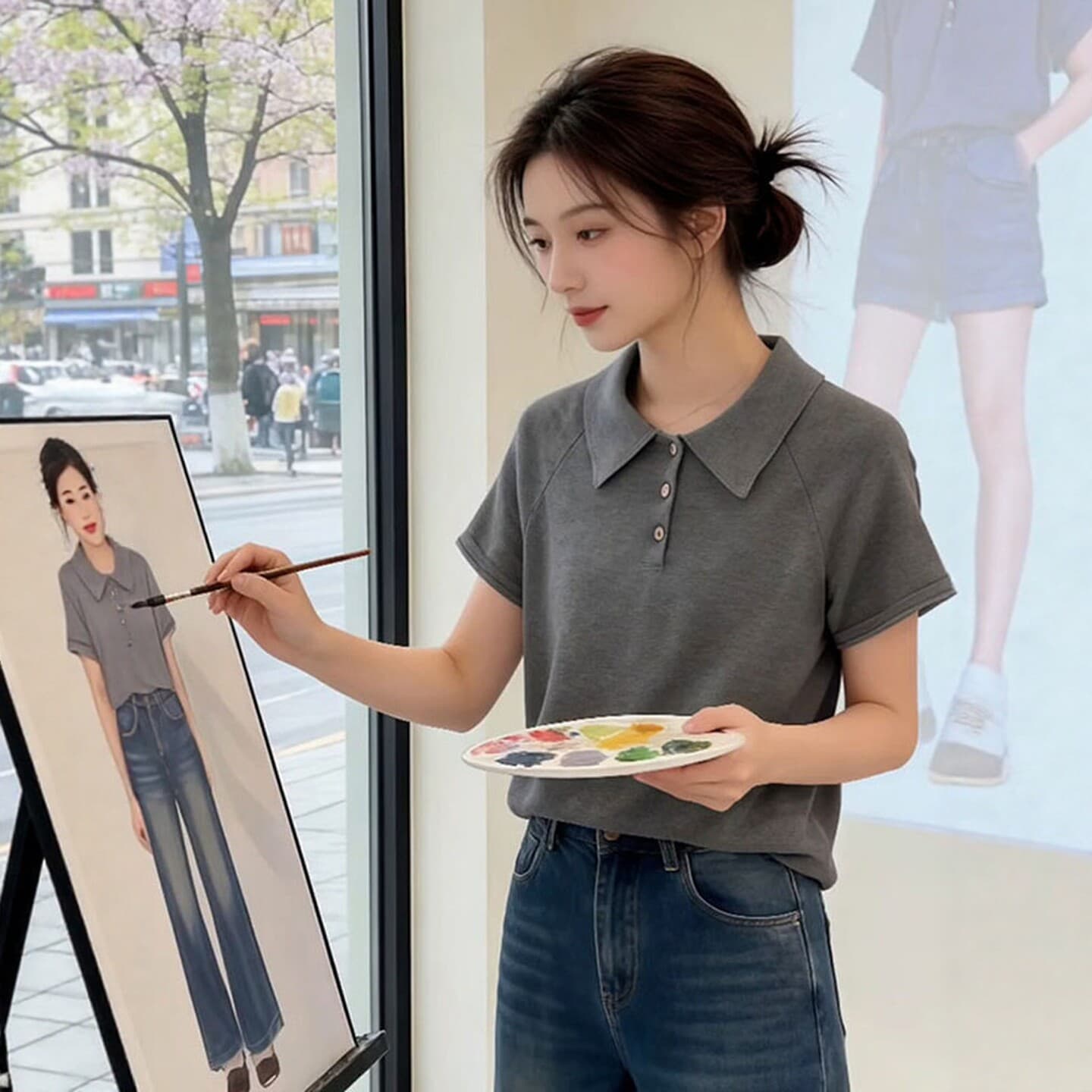 회색 POLO 칼라 긍정적 인 어깨 반팔 티셔츠 2026 여름 슬림해 보이는 연령 감소 자이언트 잘 생긴 얼음 실크 맨위 니트 스웨터 여성 이미지 3