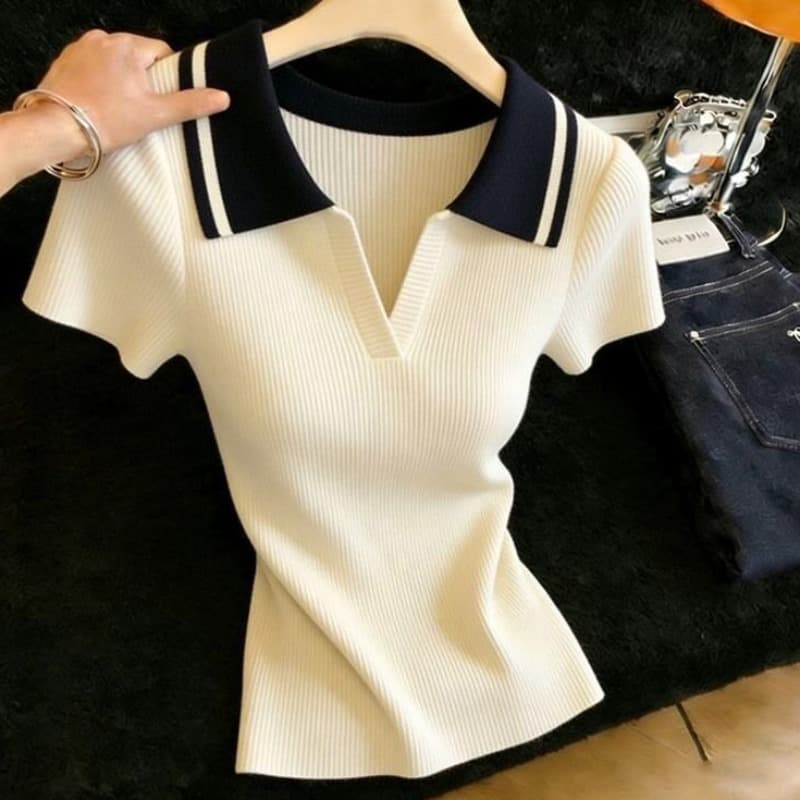 POLO 셔츠 폴로 칼라 얼음 실크 반팔 니트 스웨터 여성 얇은 스타일 외국 가스 티셔츠 루즈핏 연령 감소 배색 맨위 이미지 5