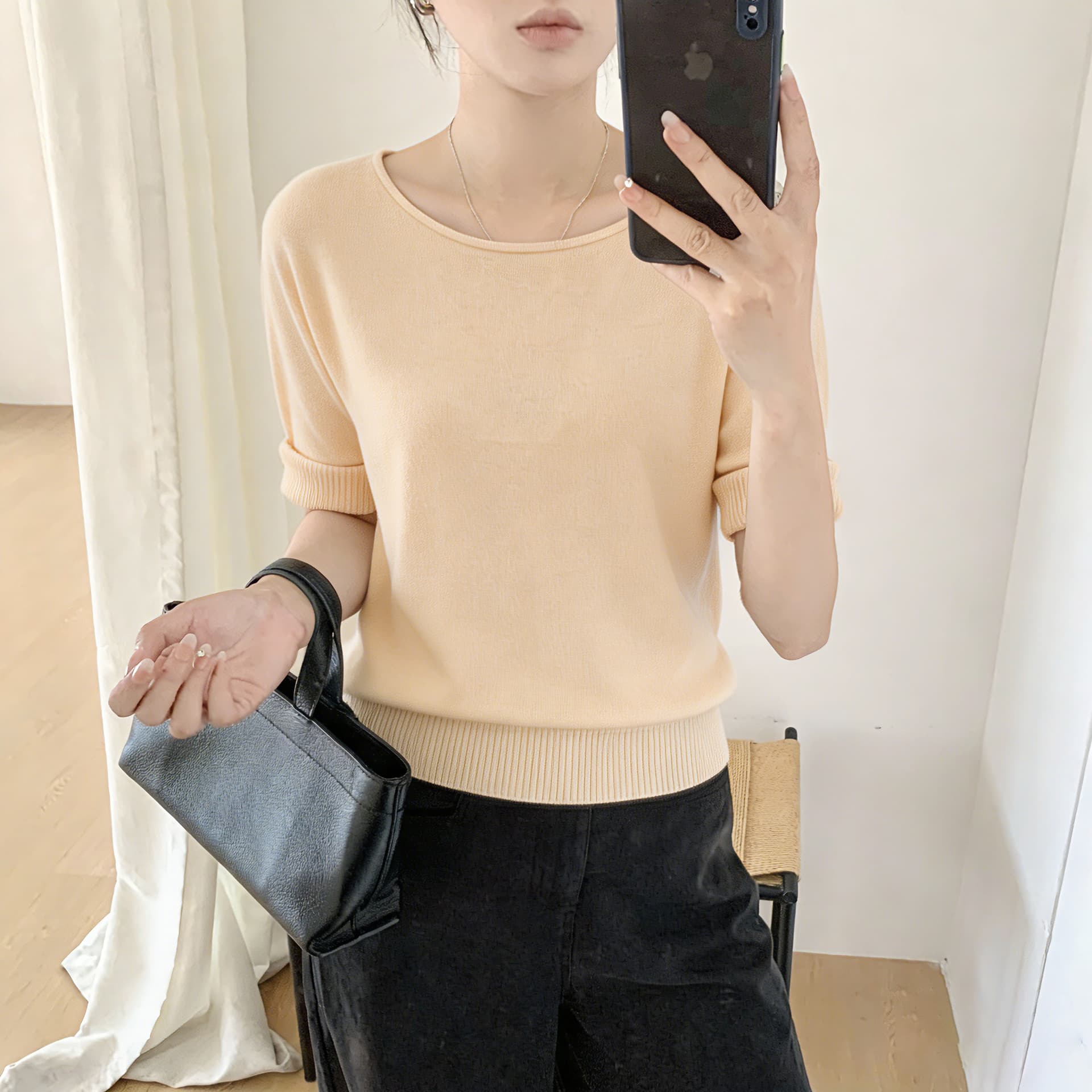 검은 콩 흠 우유 다우 시시 양 양모 혼합 배트윙 소매 니트 스웨터 보트넥 비스듬한 어깨 둘 착용 반팔 여성 이미지 3