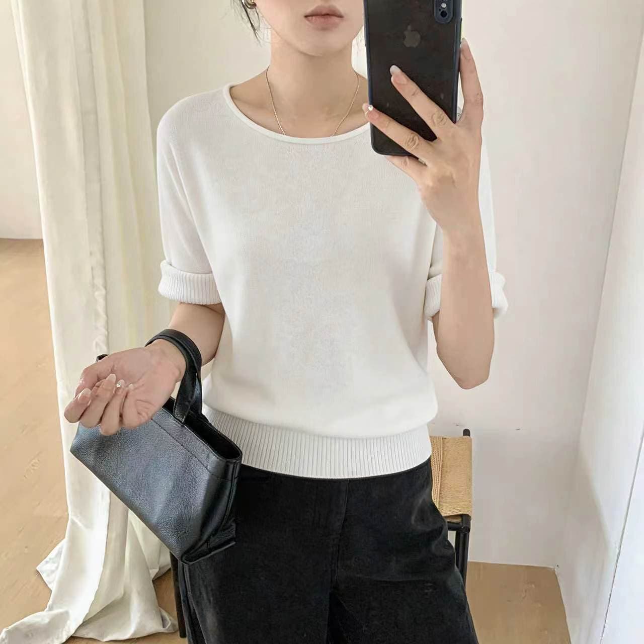 검은 콩 흠 우유 다우 시시 양 양모 혼합 배트윙 소매 니트 스웨터 보트넥 비스듬한 어깨 둘 착용 반팔 여성 상세 이미지 4