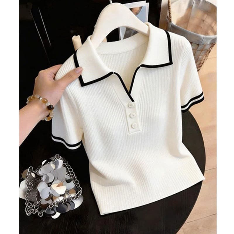 화이트 POLO 칼라 니트 반팔 여성 2026 여름 배색 몸매 가꾸기 슬림해 보이는 다용도 풀오버 얇은 스타일 캐주얼 맨위 이미지 5