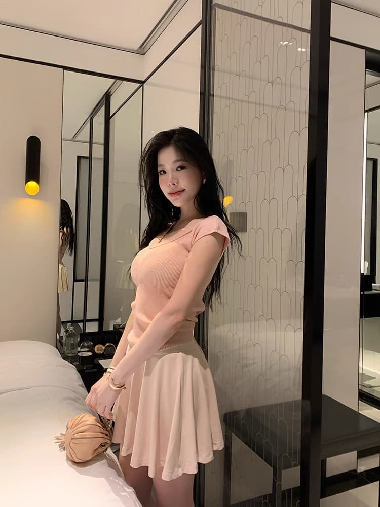 세 안녕하세요. threec 숨기기 고기 하느님 t 등 허리 스트랩 V넥 반팔 티셔츠 여성 디자인 센스 순수한 욕망 니트 맨위 상세 이미지 10