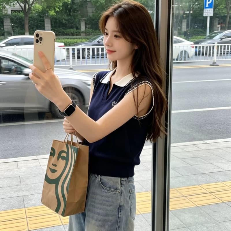 여름 출퇴근 바람 미니멀리즘 패치워크 색상 뒤집다 V넥 니트 조끼 여성 고급 작은 대중 학원 스타일 슬림해 보이는 민소매 맨위 이미지 3
