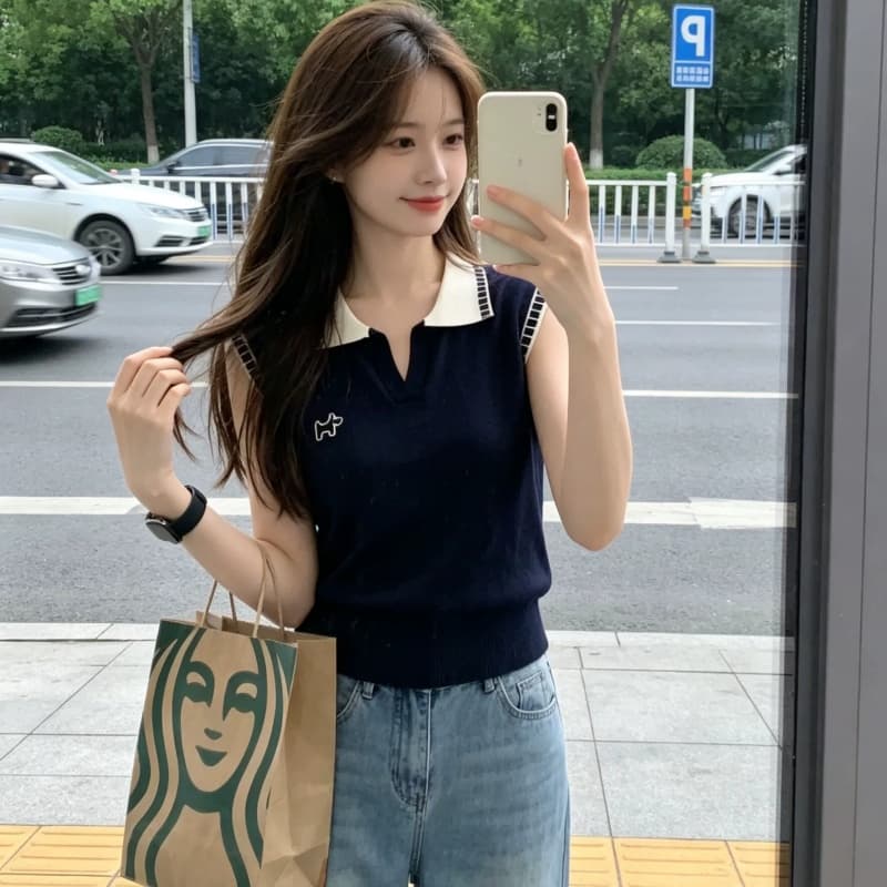 여름 출퇴근 바람 미니멀리즘 패치워크 색상 뒤집다 V넥 니트 조끼 여성 고급 작은 대중 학원 스타일 슬림해 보이는 민소매 맨위 상세 이미지 1