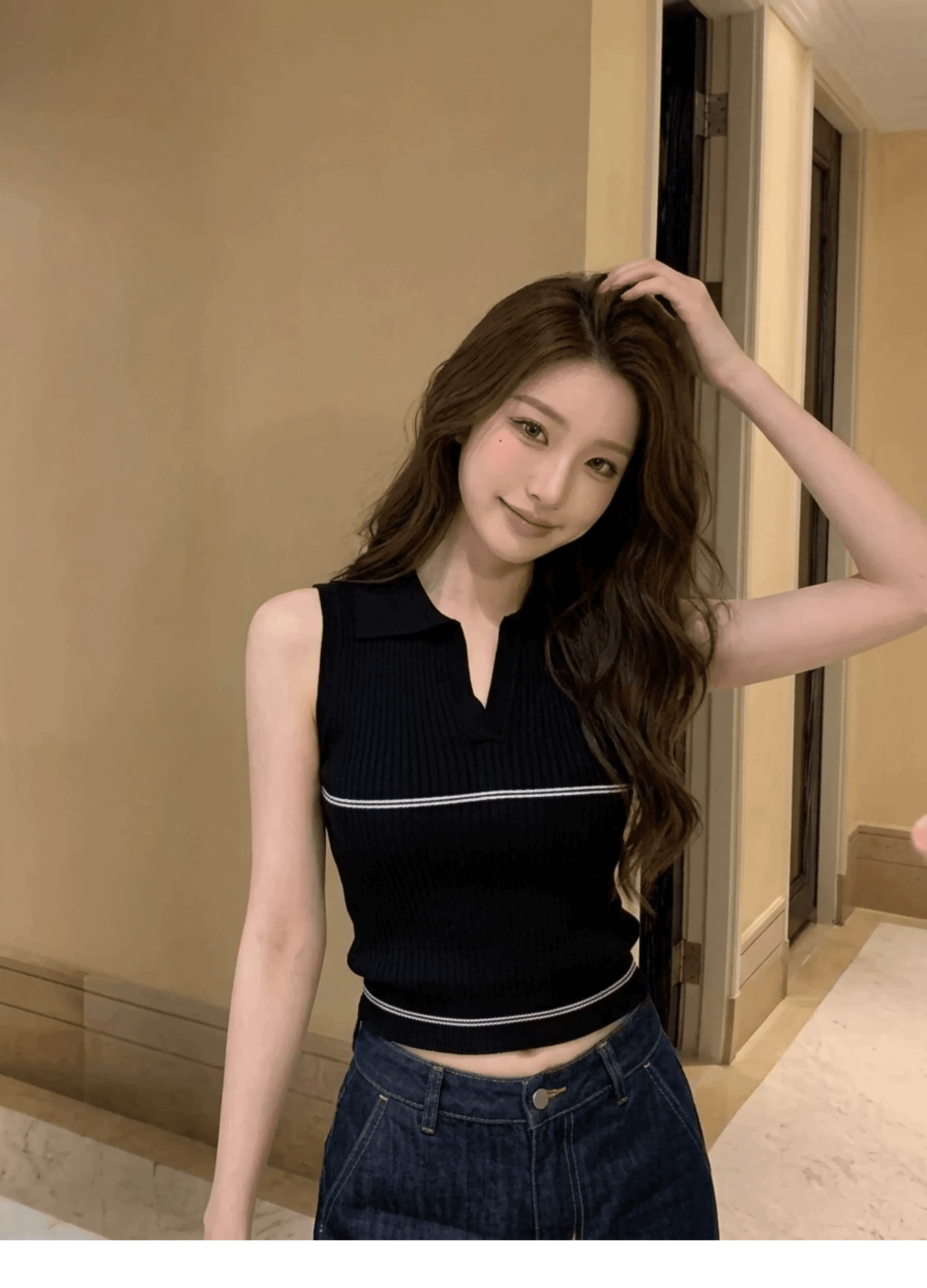 한 부서 미니멀리즘 스트라이프 민소매 니트 조끼 여성 여름 착용 가져 가라. POLO 칼라 외출용 출퇴근 캐주얼 연령 감소 맨위 이미지 2