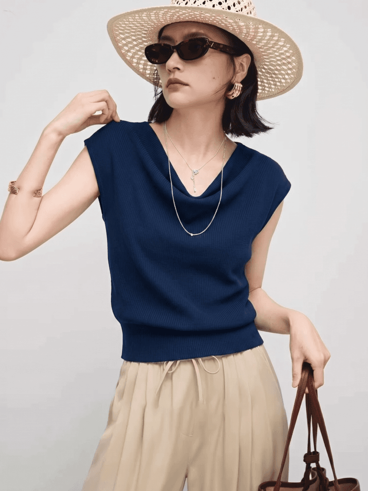 프랑스식 파란색 흔들다 칼라 니트 반팔 티셔츠 여성 여름 작은 대중 Chic 몸매 가꾸기 품격 디스플레이 얇고 작은 날다 소매 맨위 상세 이미지 3