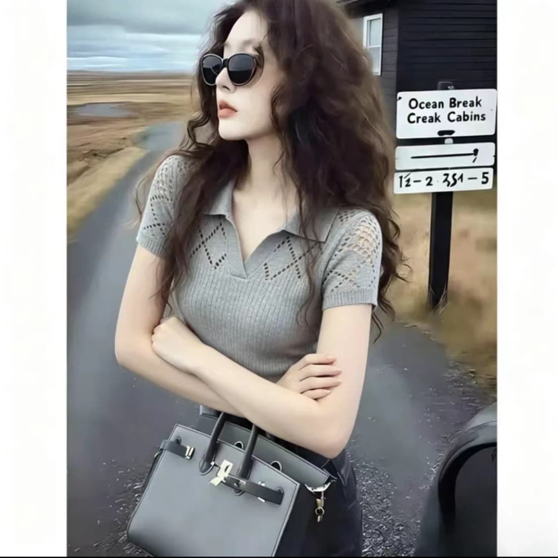 회색 고급 센스 POLO 셔츠 2026 년 여름 새로운 얼음 실크 반팔 티셔츠 여성 홀로우 아웃 루즈핏 슬림해 보이는 맨위 이미지 5
