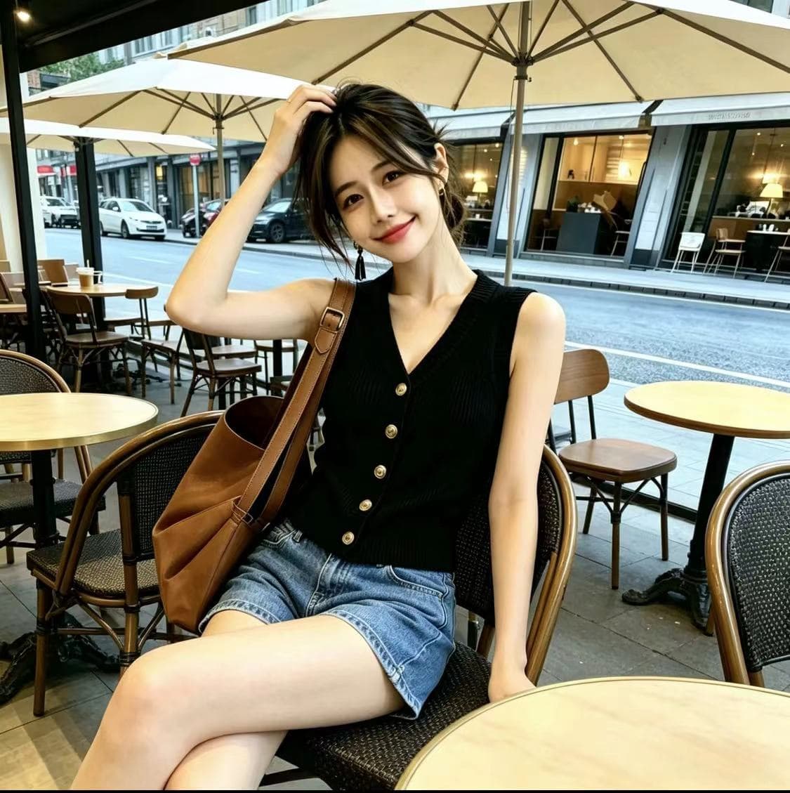 고유 한 아름다운 검정색 V넥 싱글 줄 버튼 민소매 조끼 여성 여름 몸매 가꾸기 슬림해 보이는 다용도 니트 스웨터 맨위 이미지 4