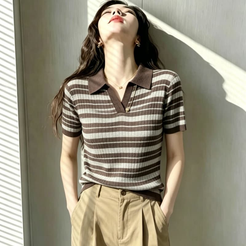 한국 스타일 루즈핏 다용도 고급 센스 출퇴근 패션 poio 셔츠 여성 여름 얇은 스타일 배색 스트라이프 캐주얼 맨위 이미지 5