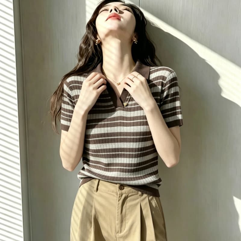 한국 스타일 루즈핏 다용도 고급 센스 출퇴근 패션 poio 셔츠 여성 여름 얇은 스타일 배색 스트라이프 캐주얼 맨위 상세 이미지 3