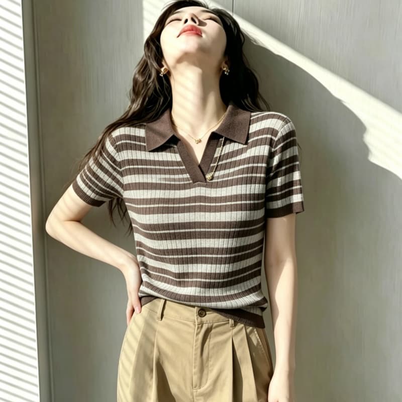 한국 스타일 루즈핏 다용도 고급 센스 출퇴근 패션 poio 셔츠 여성 여름 얇은 스타일 배색 스트라이프 캐주얼 맨위 상세 이미지 4