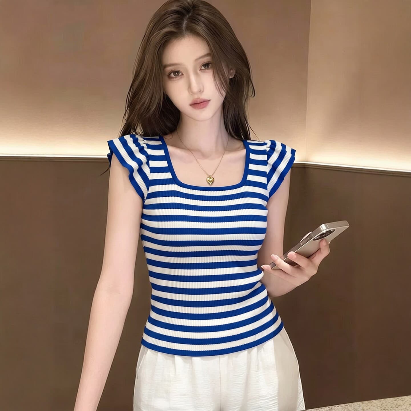 높음 물품 보존 추천 섹션 패션 디자인 센스 블루 화이트 스트라이프 광장 칼라 작은 날다 소매 티셔츠 니트 맨위 여성 여름 이미지 3