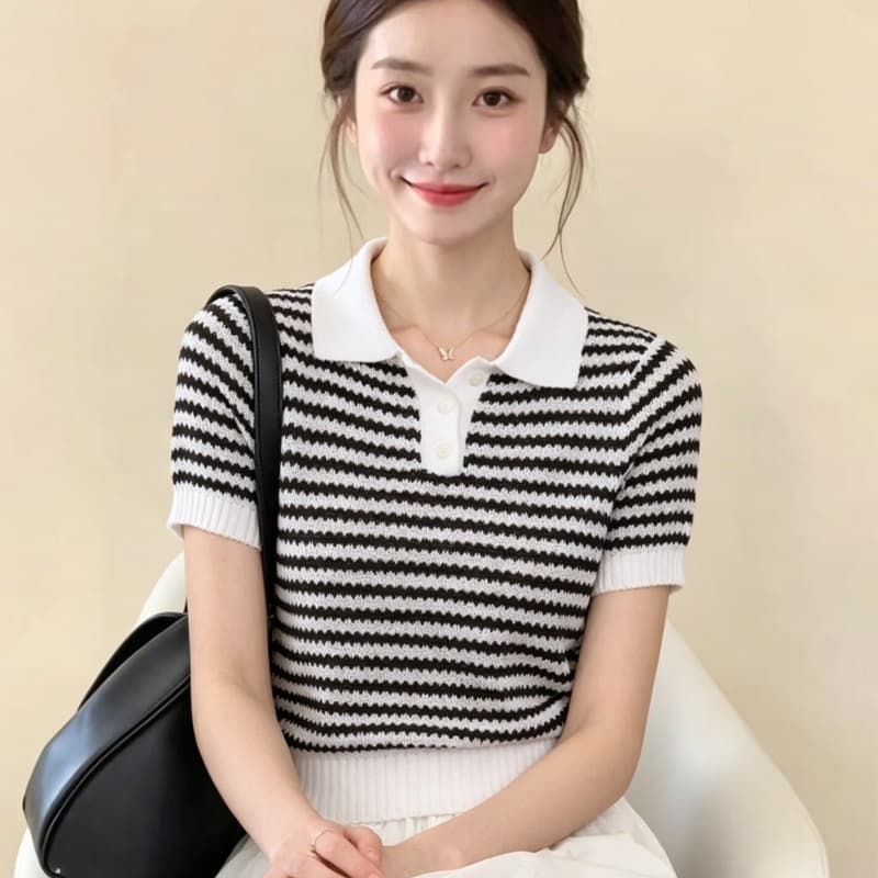 새로운 여름 오래된 돈 바람 폴로 칼라 스트라이프 POLO 칼라 얼음 실크 니트 티셔츠 여성 프랑스식 품격 반팔 맨위 얇은