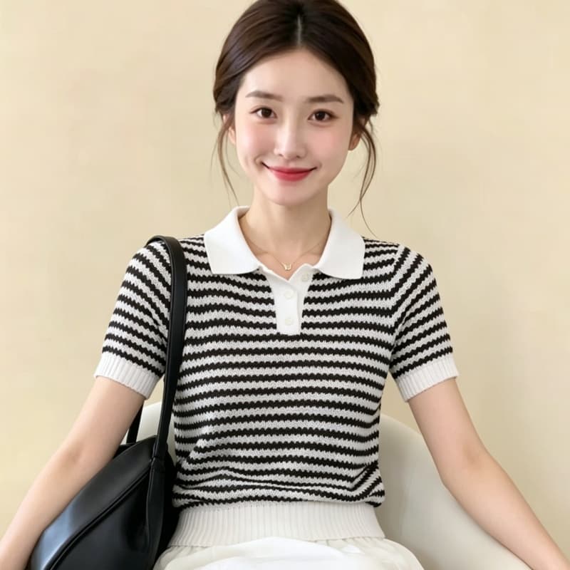 새로운 여름 오래된 돈 바람 폴로 칼라 스트라이프 POLO 칼라 얼음 실크 니트 티셔츠 여성 프랑스식 품격 반팔 맨위 얇은 상세 이미지 2