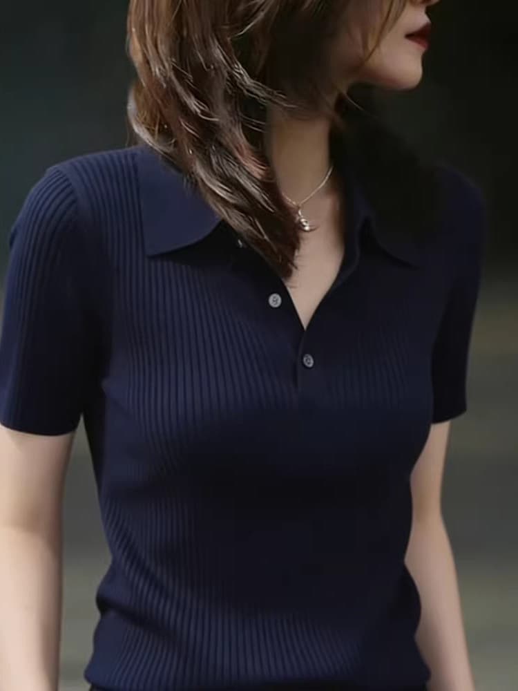 2026 봄 여름 새로운 출퇴근 바람 해군 POLO 칼라 반팔 니트 스웨터 여성 다용도 슬림해 보이는 맨위 상세 이미지 5