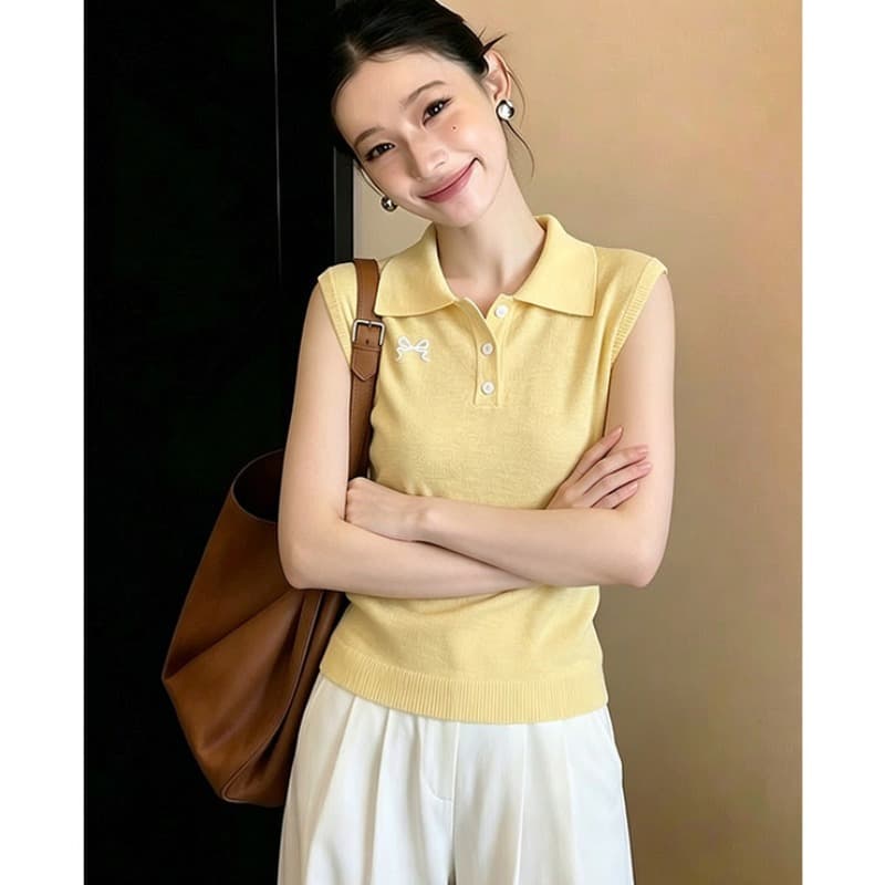 POLO 칼라 Chic 작은 대중 나비 매듭 니트 조끼 여성 여름 황색 다용도 민소매 미니멀리즘 디자인 센스 맨위 이미지 5