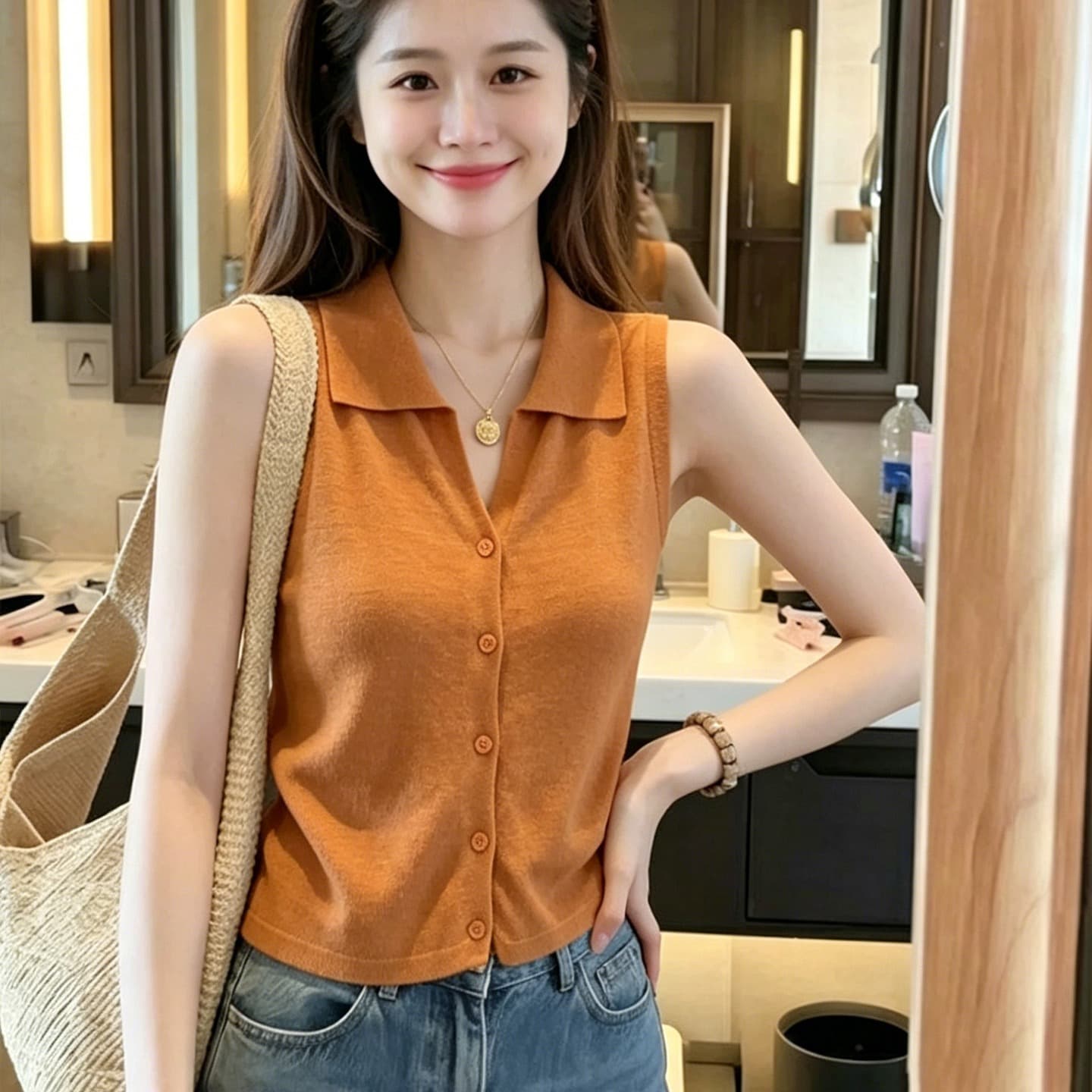 도파민 POLO 칼라 주황색 니트 작은 슬링 조끼 여성 여름 2026 새로운 아름다운 인사이드 가져 가라. 민소매 맨위 이미지 5