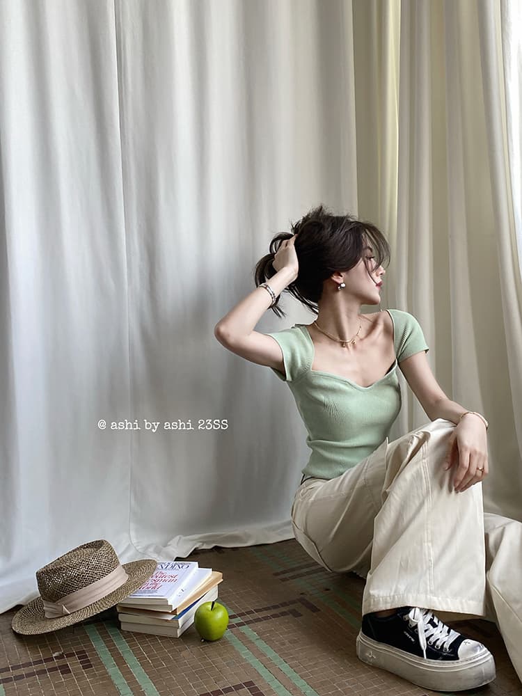 보다 큼 시 순수한 욕망 핫걸 바람 관대 한 칼라 이슬 쇄골 니트 티셔츠 여성 다용도 몸매 가꾸기 슬림해 보이는 반팔 맨위 상세 이미지 4