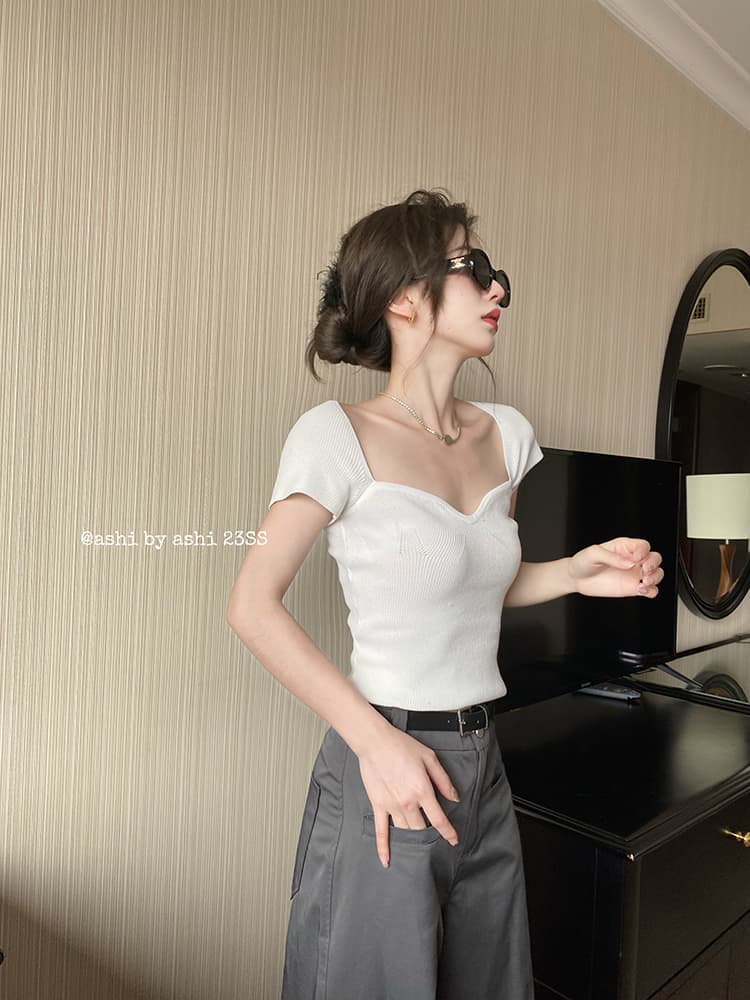 보다 큼 시 순수한 욕망 핫걸 바람 관대 한 칼라 이슬 쇄골 니트 티셔츠 여성 다용도 몸매 가꾸기 슬림해 보이는 반팔 맨위 상세 이미지 10