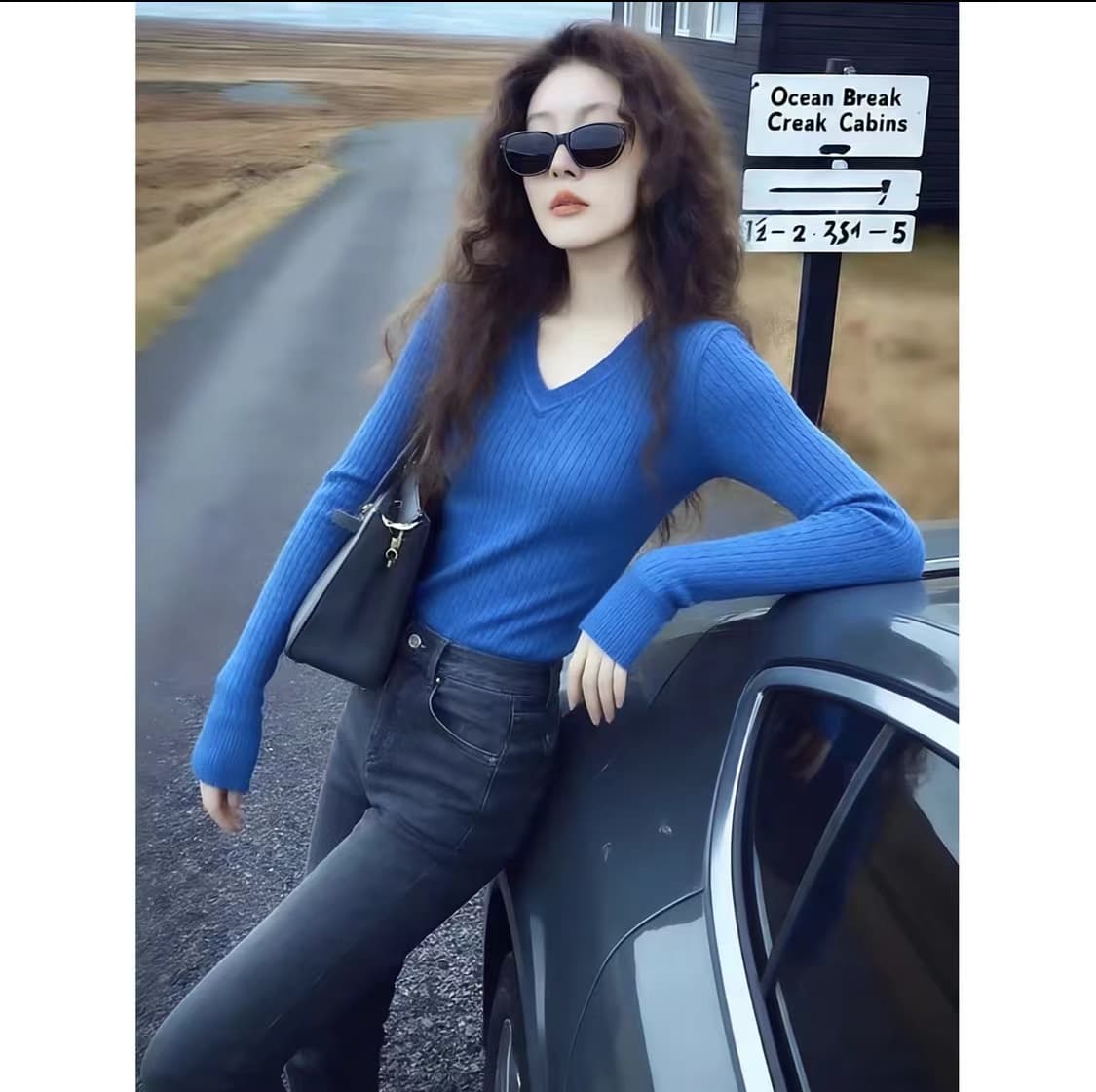 레트로 V넥 파란색 구덩이 기사 니트 스웨터 여성 2026 가을 새로운 몸매 가꾸기 꽈배기 스웨터 만나는 긴팔 맨위 상세 이미지 5