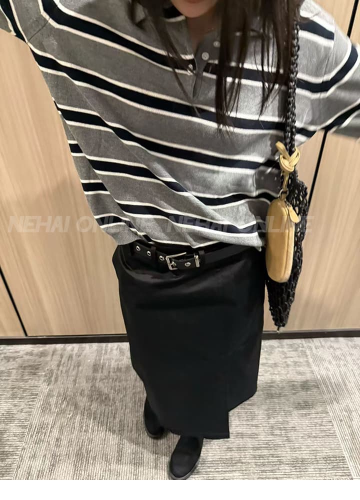 내해 한 세대 lacher 작은 대중 보 주님 바람 스트라이프 POLO 칼라 지식인 배색 스웨터 상세 이미지 5