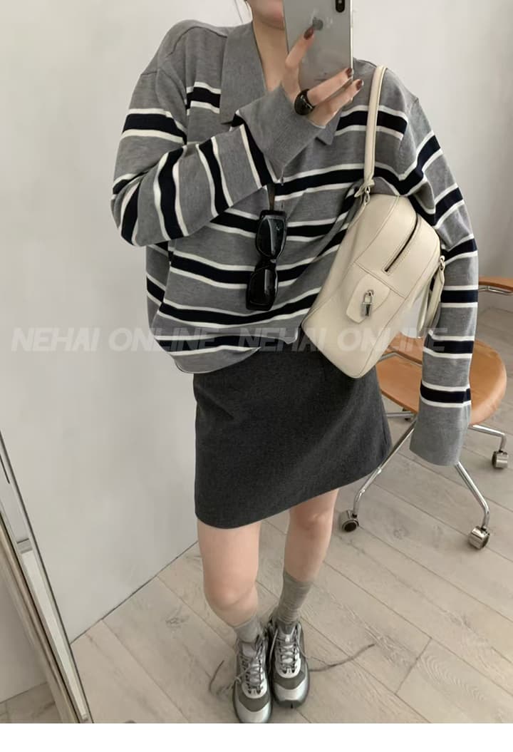 내해 한 세대 lacher 작은 대중 보 주님 바람 스트라이프 POLO 칼라 지식인 배색 스웨터 상세 이미지 8