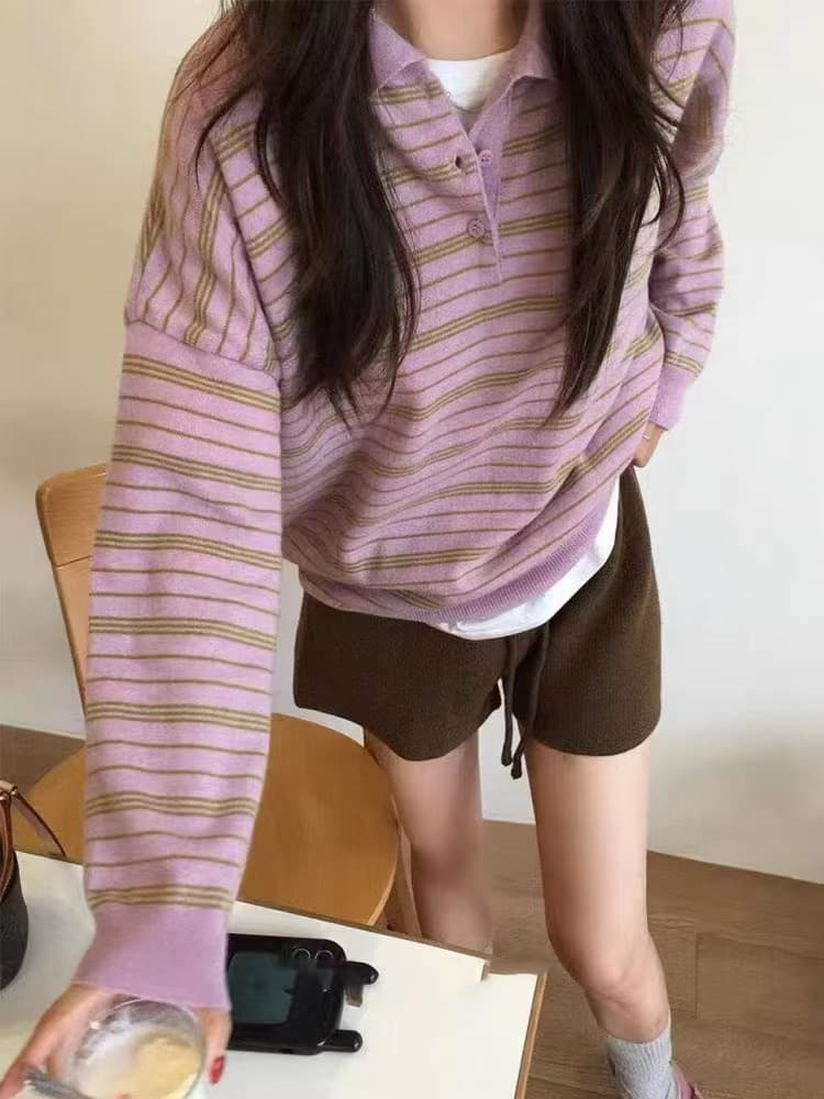 unum 한국 구매 2026 봄 가을 새로운 레트로 스트라이프 긴팔 POLO 칼라 니트 스웨터 여성 한 부서 스웨터 상세 이미지 3
