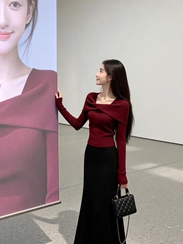 로얄 자매 고유 한 아름다운 빨간색 오프숄더 몸매 가꾸기 슬림해 보이는 니트 스웨터 작은 대중 그레이트 봐 의류 2026 가을 상세 이미지 1