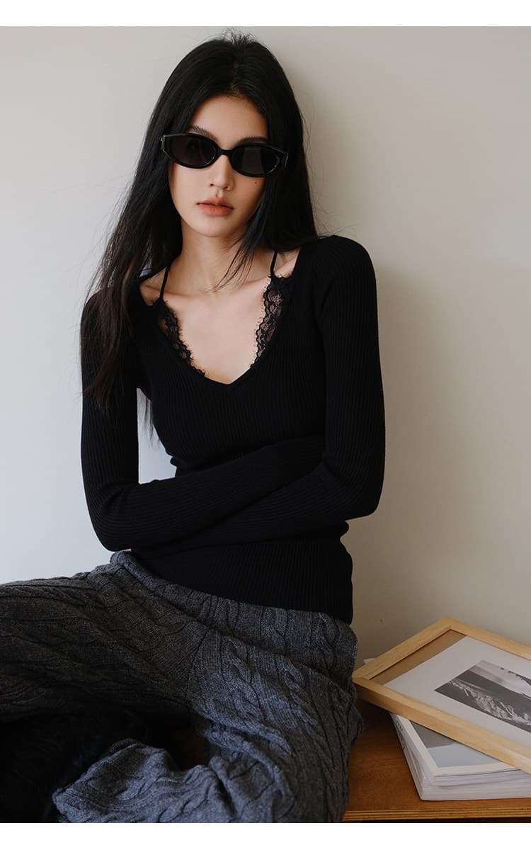 fresh up 프랑스식 레이스 조각 양모 니트 기본 셔츠 여성 V넥 신축성 몸매 가꾸기 슬림해 보이는 다용도 맨위 이미지 3